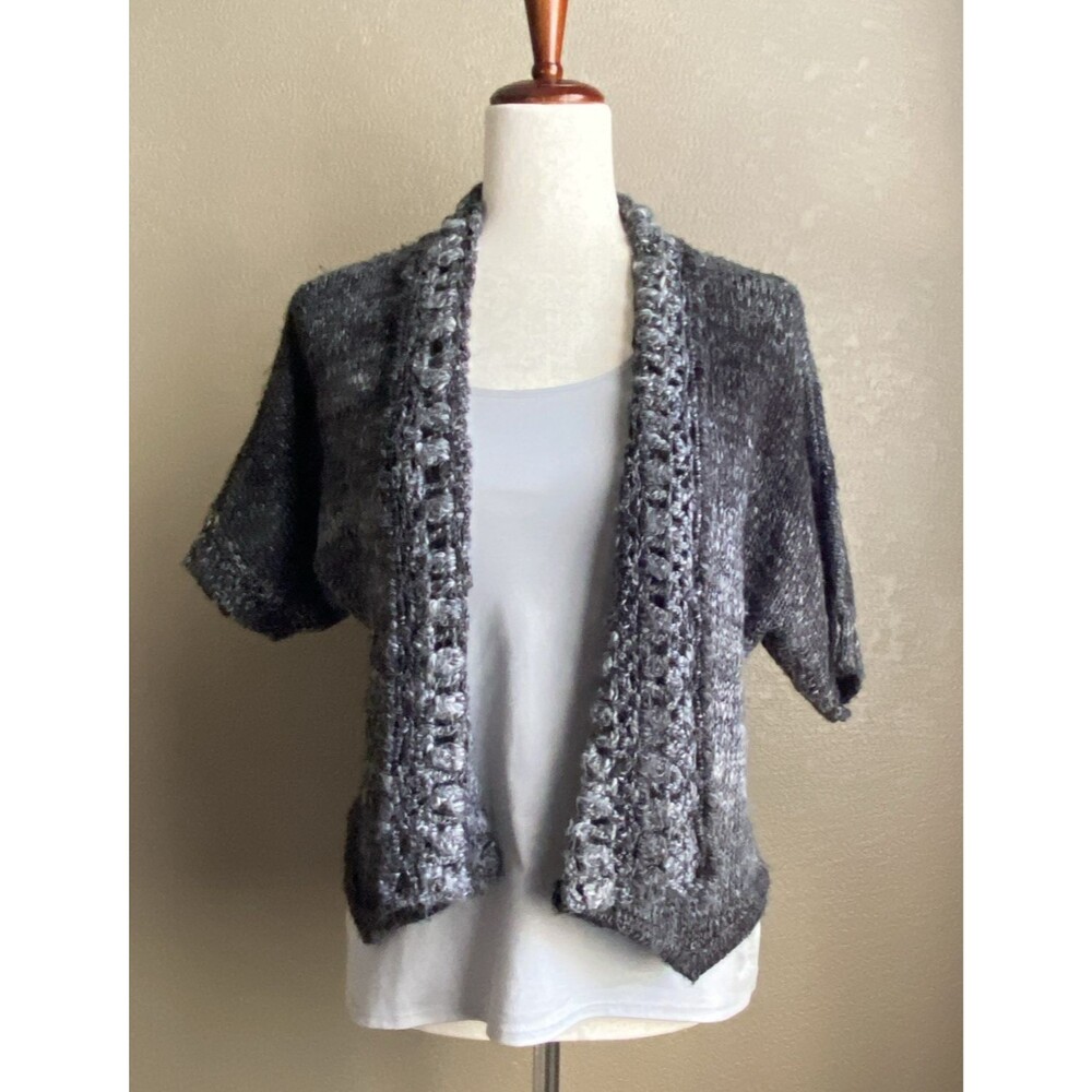 Fever Petite M Gray Open Knit Cardigan Sweater Short Sleeve Cropped Acrylic